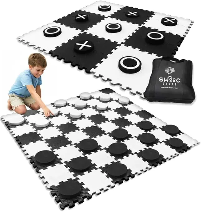 Swooc Games® - 2-in-1 Premium Giant Checkers & Tic Tac Toe Game (4ft x 4ft) - 100% High Density EVA Foam Mat & Pieces - Extra Large Checkers Set with…