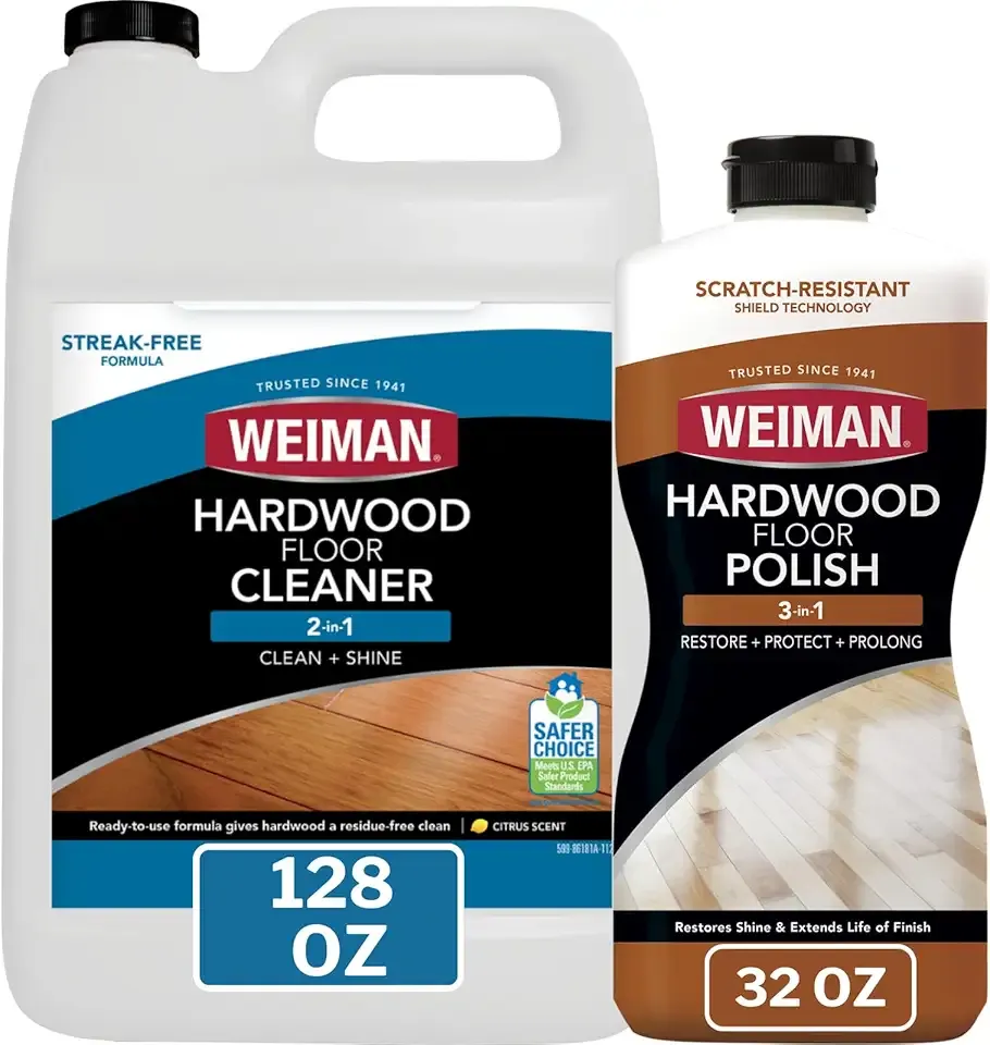 Weiman Hardwood Floor Cleaner and Polish - Cleans Vinyl Tile, Solid, Laminate, Natural Shine, No Residue, Removes Scratches, Leaves Protective Layer, 1 Gallon Mop Soap & 32 Oz Restorer