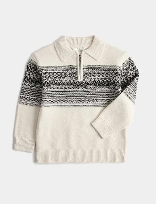 Pullover aus Baumwollmischung mit Reißverschluss und Norwegermuster