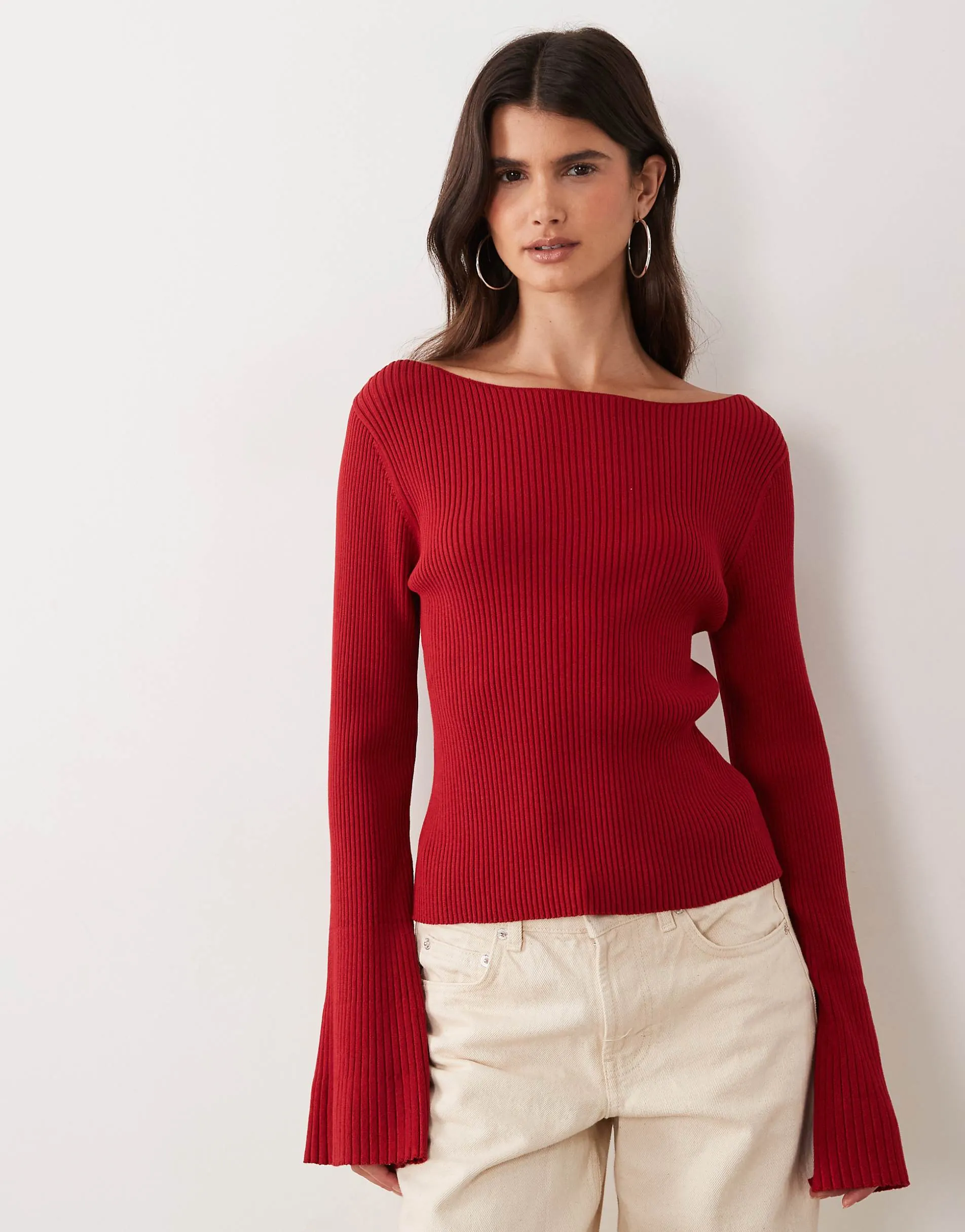 Miss Selfridge rib knit slash neck flare sleeve top in red