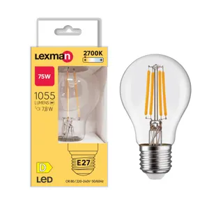 Lampadina LED filamento, E27 goccia, trasparente, 7.8W = 1055 LM (equiv 75 W), 330°, LEXMAN