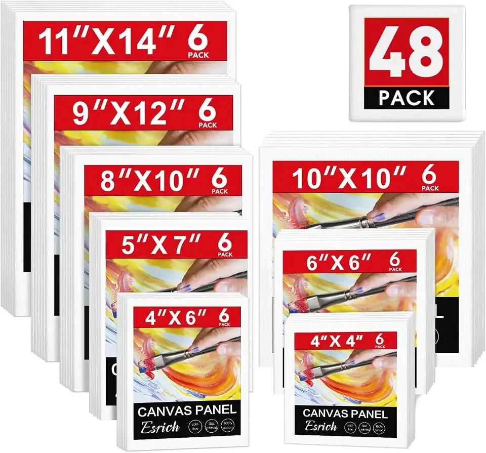 ESRICH 48 Pack Canvas Boards for Painting, Paint Canvas for Adults & Kids | Cotton, Acid-free, Primed White Blank Canvas for Acrylic, Oil Paint, Watercolor, 4x4, 4x6, 5x7, 6x6, 8x10, 10x10, 9x12, 11x14