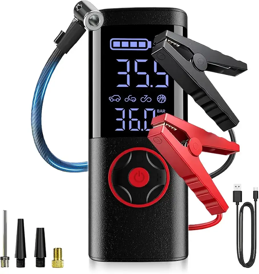 TEMOLA Jump Starter with 150PSI Air Compressor, Car Battery Jump Starter | 12V Portable Car Battery Booster Pack with LCD Display, LED Light for Cars, Trucks, SUV and Emergency Roadside Use