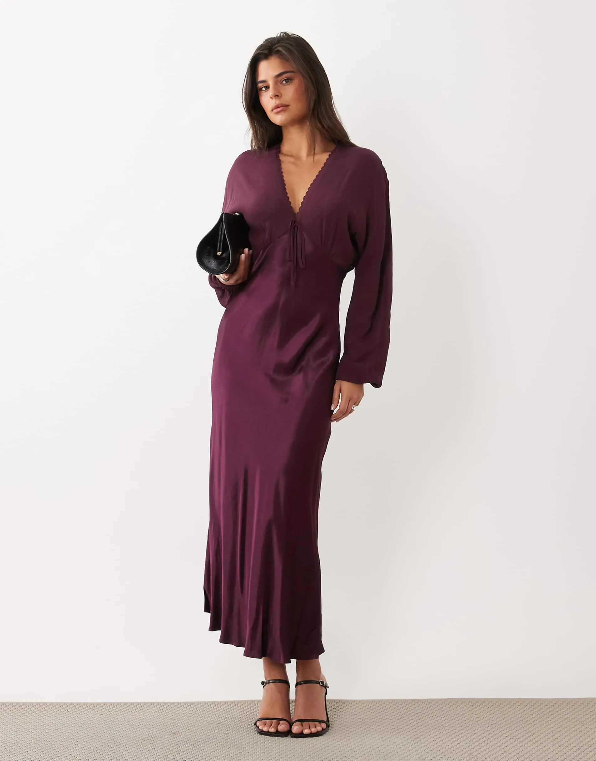 Nobody's Child Linda satin lace scallop edge plunge neck midi dress in plum