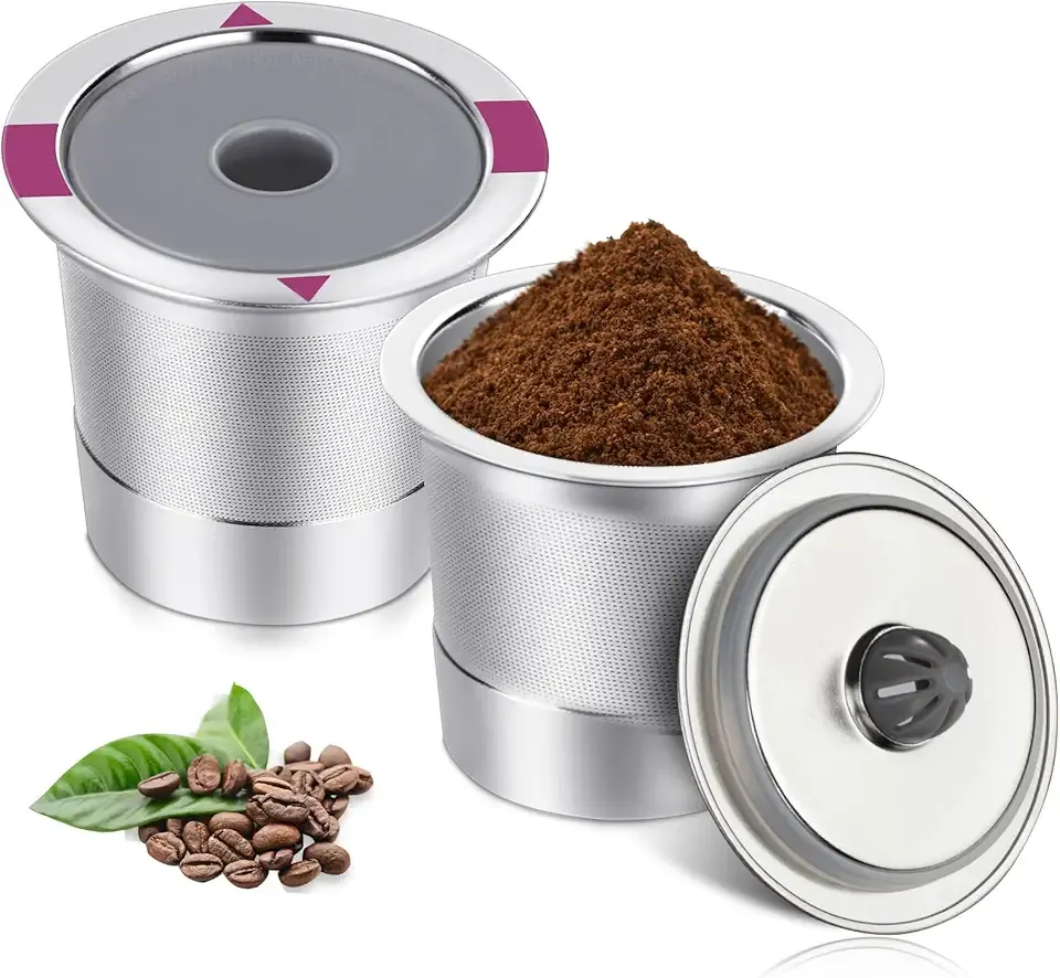 Reusable K Cups, Universal stainless steel Reusable Coffee Pods, Refillable Single K Cups for K 2.0 and 1.0 Coffee Makers (2-PACK)