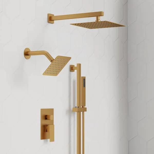 EVERSTEIN 3-​Spray Square 10 in.​ Rain Wall Mount Shower System with 6 in.​ Shower Head Handheld Shower in Brushed Gold 2.​5 GPM
