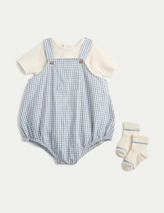 3-teiliges Outfit mit hohem Baumwollanteil aus Schwimmanzug, Body und Socken mit Gingham-Muster (3,2 kg–3 J.)