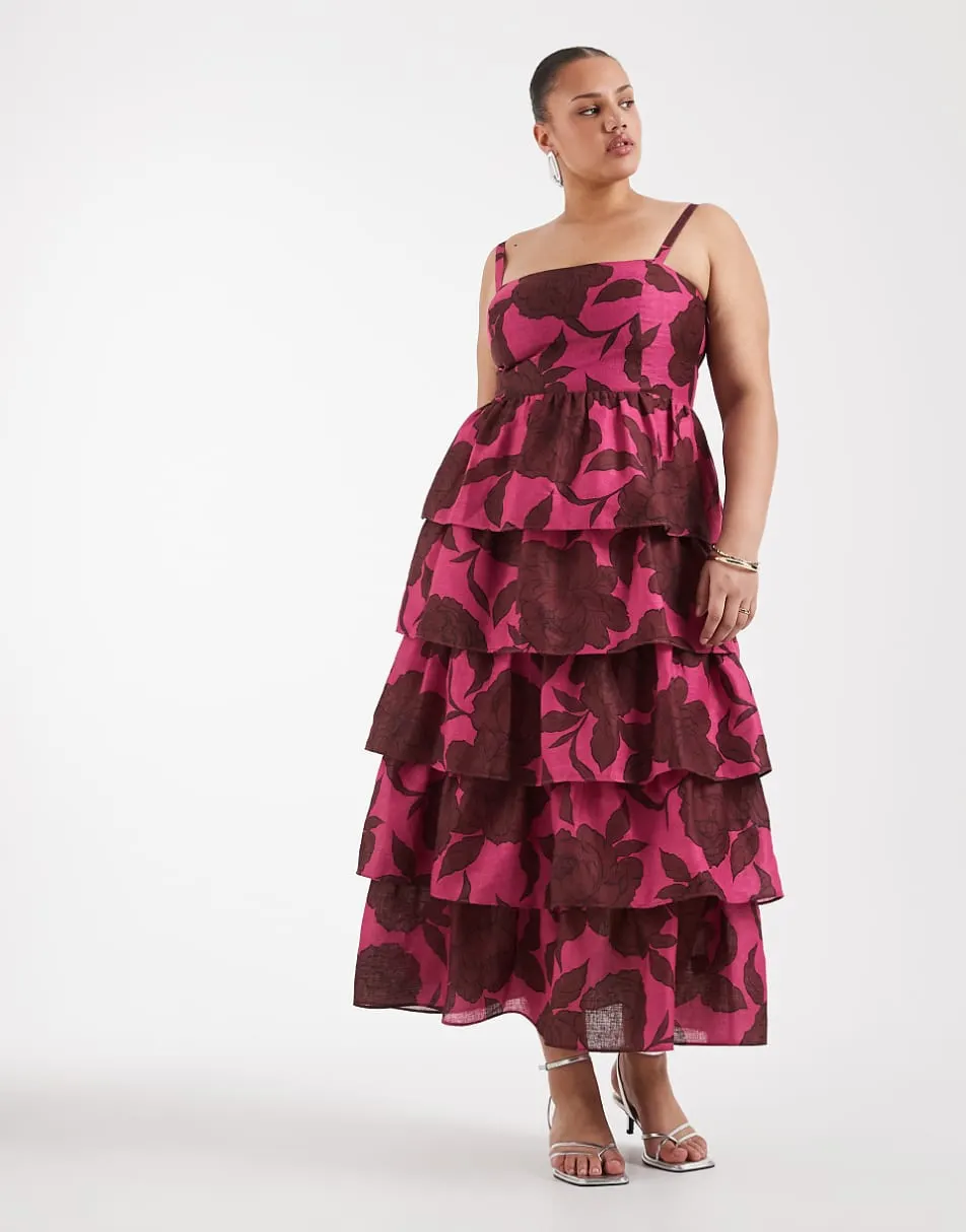Pretty Lavish Curve linen blend tiered skirt maxi cami dress in brown and pink floral