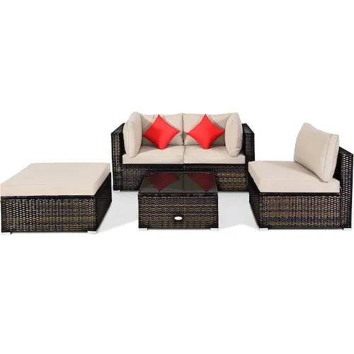 5PCS Outdoor Patio Rattan Furniture Set Sectional Conversation W/Beige Cushion