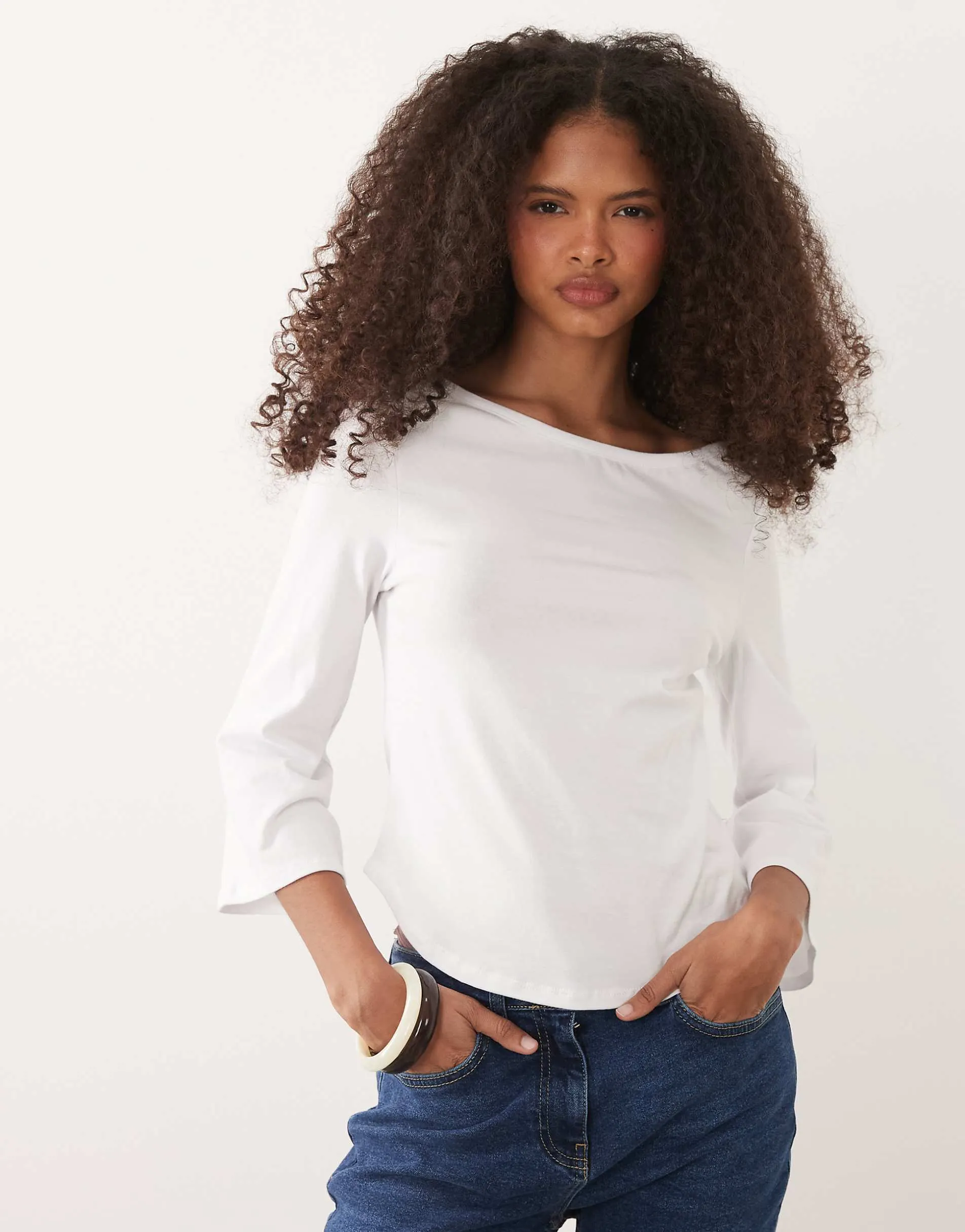 ASOS DESIGN 3/4 sleeve top with boat neck in white