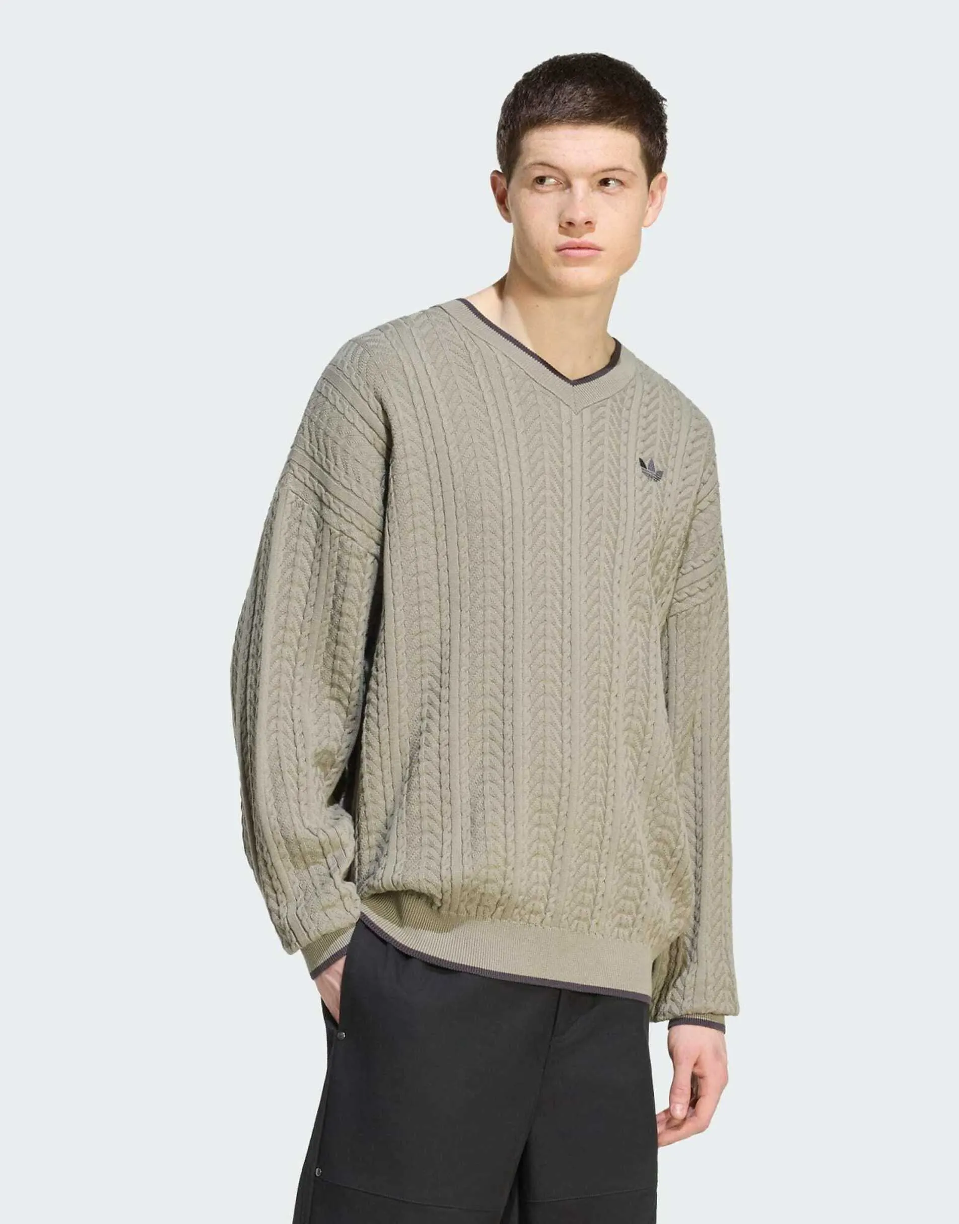 adidas Originals Cable knit crewneck sweatshirt in silver pebble