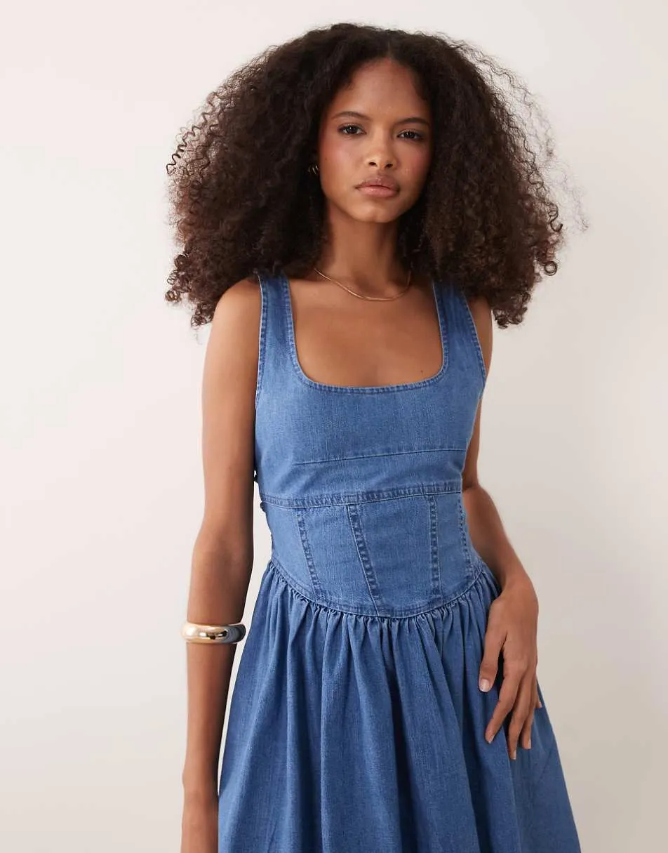ASOS DESIGN denim ballerina mini dress in mid blue