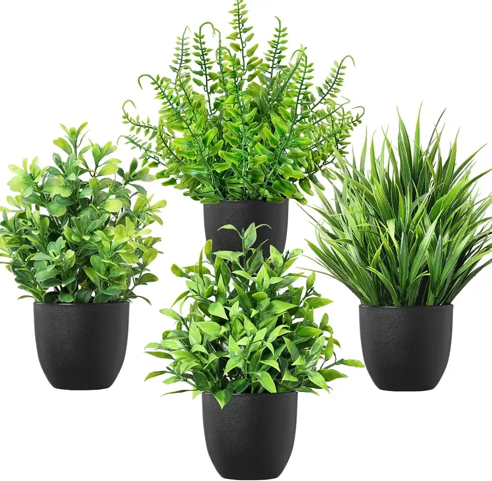 4 Pack Small Fake Plants in Black Pots Fern Grass Mix | Faux Artificial Indoor Greenery, Realistic Mini Foliage for Bathroom Decor, Office Shelf & Console Table