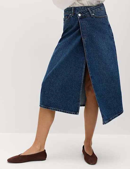 Asymmetrischer Midi-Wickelrock aus reinem Baumwolldenim