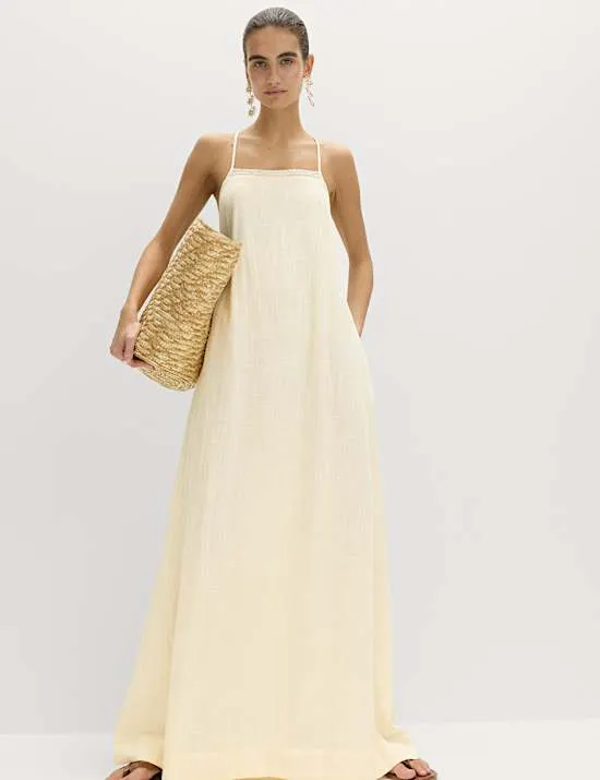 Square Neck Lace Insert Maxi Shift Dress with Linen