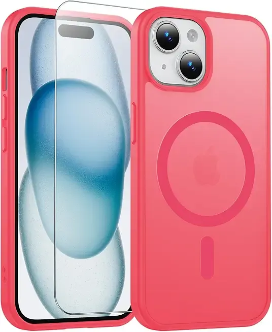 Magnetic Case for iPhone 13/14/15 with Screen Protector, [Full Camera Protection] [Compatible with Magsafe] [Translucent Matte] Shockproof Protective Phone Case 6.1''-Rose