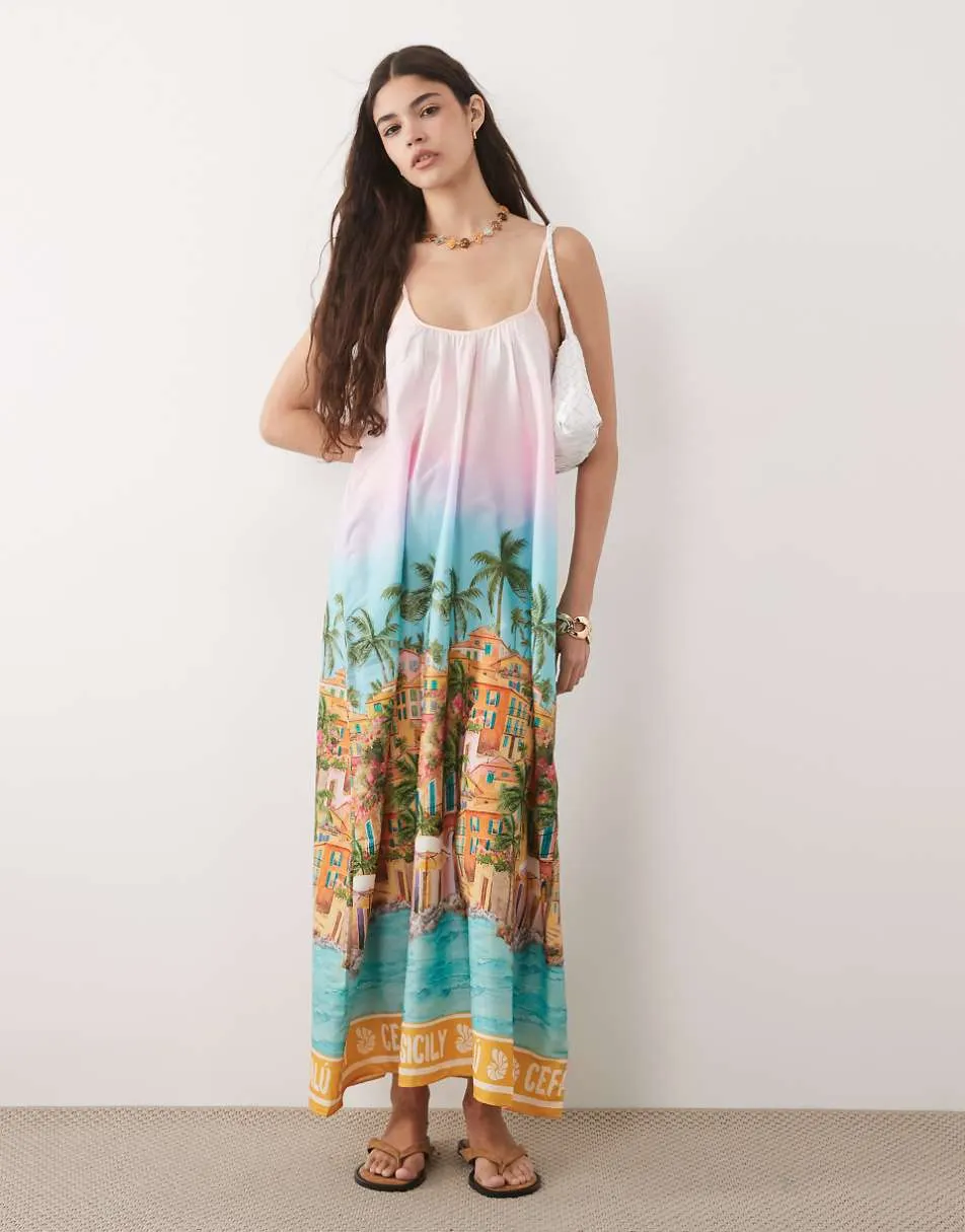 New Look Sicily print strappy midi dress in yellow