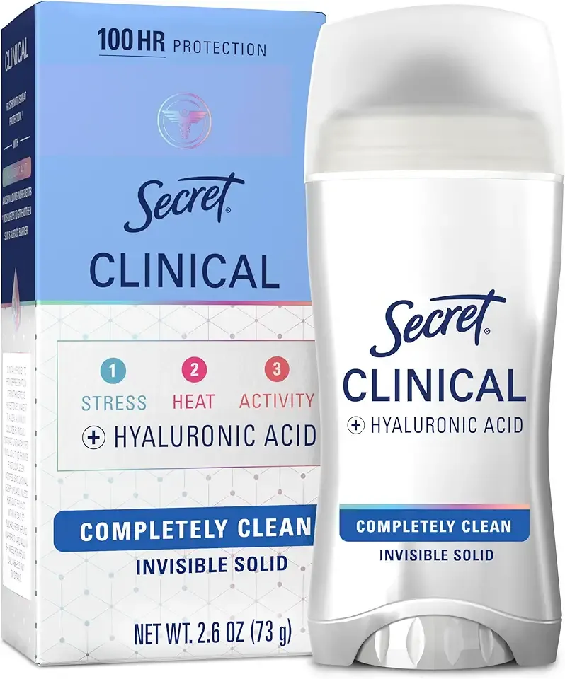 Secret Clinical Strength Antiperspirant Deodorant for Women, 100hr Sweat & Odor Protection, 3X Stress Protection with Hyaluronic Acid, PH Balanced, Invisible Solid, Completely Clean Scent, 2.6 oz