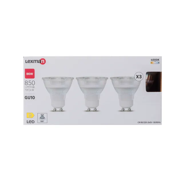 Pack de 3 bombillas LED GU10 850 lúmenes 7.4W color de la luz blanco neutro 4000K CRI 89-80 luz natural y fiel clase energética D