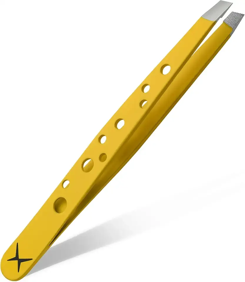 Precision Eyebrow Tweezers – Hand Finished Japanese Stainless Steel, Perfect Alignment, Slant Tip for Fine Hair, 9-Hole Grip, Unique Colors (Luminous Citrus)