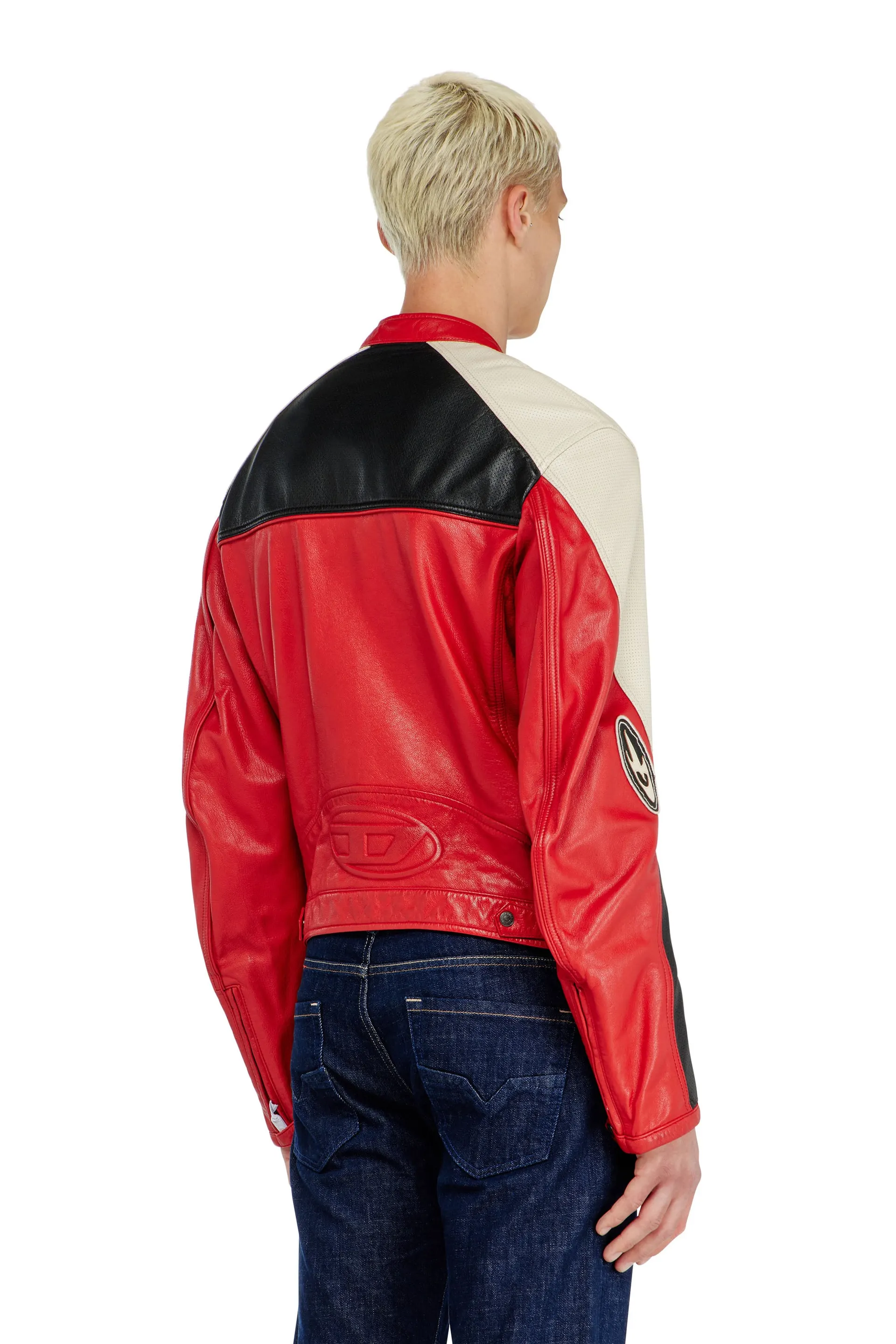 Biker jacket in colour-block perforated leather