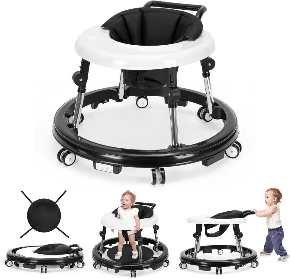 Foldable Baby Walker with 9 Height Adjustments, Portable Wheels, for Boys & Girls 6–18 Months