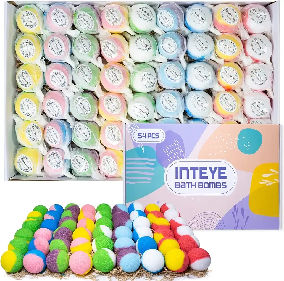 INTEYE Luxury Bath Bombs Gift Set - 54pc Skin-Nourishing Mineral Bath Salts with Natural Essential Oils & 9 Aromas | Spa-Qualit Self-Care for Women, Men, Kids (Eco-Friendly Packaging)
