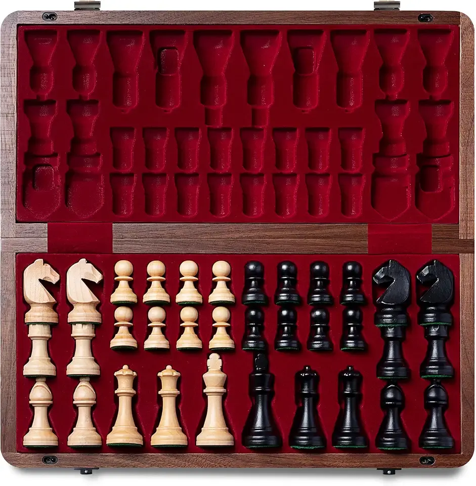A&A Premium Chess Board Game Set, 15" Wooden Chess Board & 3" King Height Unique Chess Pieces with 2 Extra Queens, Portable Travel Chess Set for Adults Kids (Natural Walnut, 15 Inches)