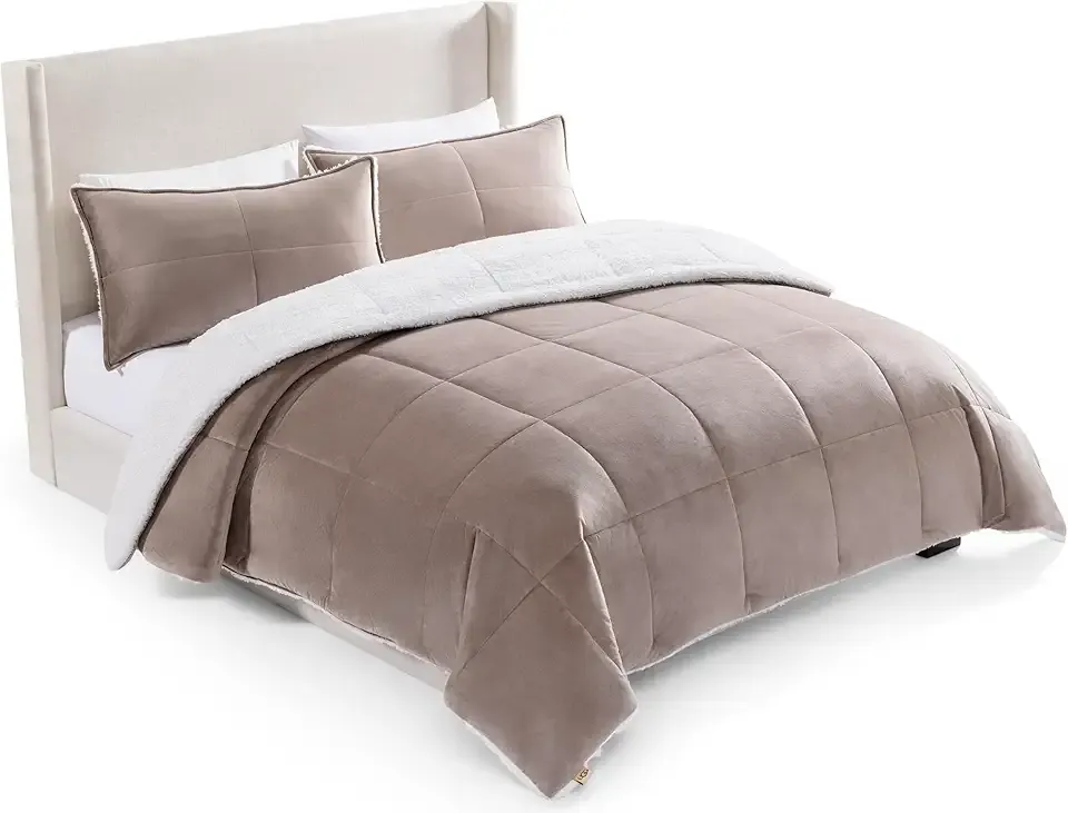 UGG Blissful Comforter Set with 2 Pillow Shams, Warm Winter Bedding, Fluffy Reversible Down Alternative Bedding, King/California King Size Comforter Set, Brown Fawn