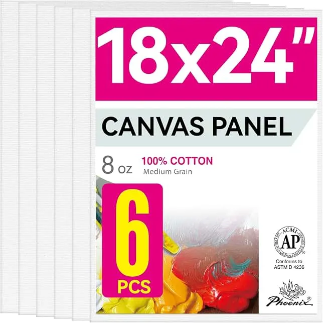 PHOENIX Large Painting Canvas Panels - 18x24 Inch, 6 Value Pack - 8 Oz Triple Primed 100% Cotton Acid Free Canvases for Painting, White Blank Flat Canvas Boards for Acrylic, Oil Paints