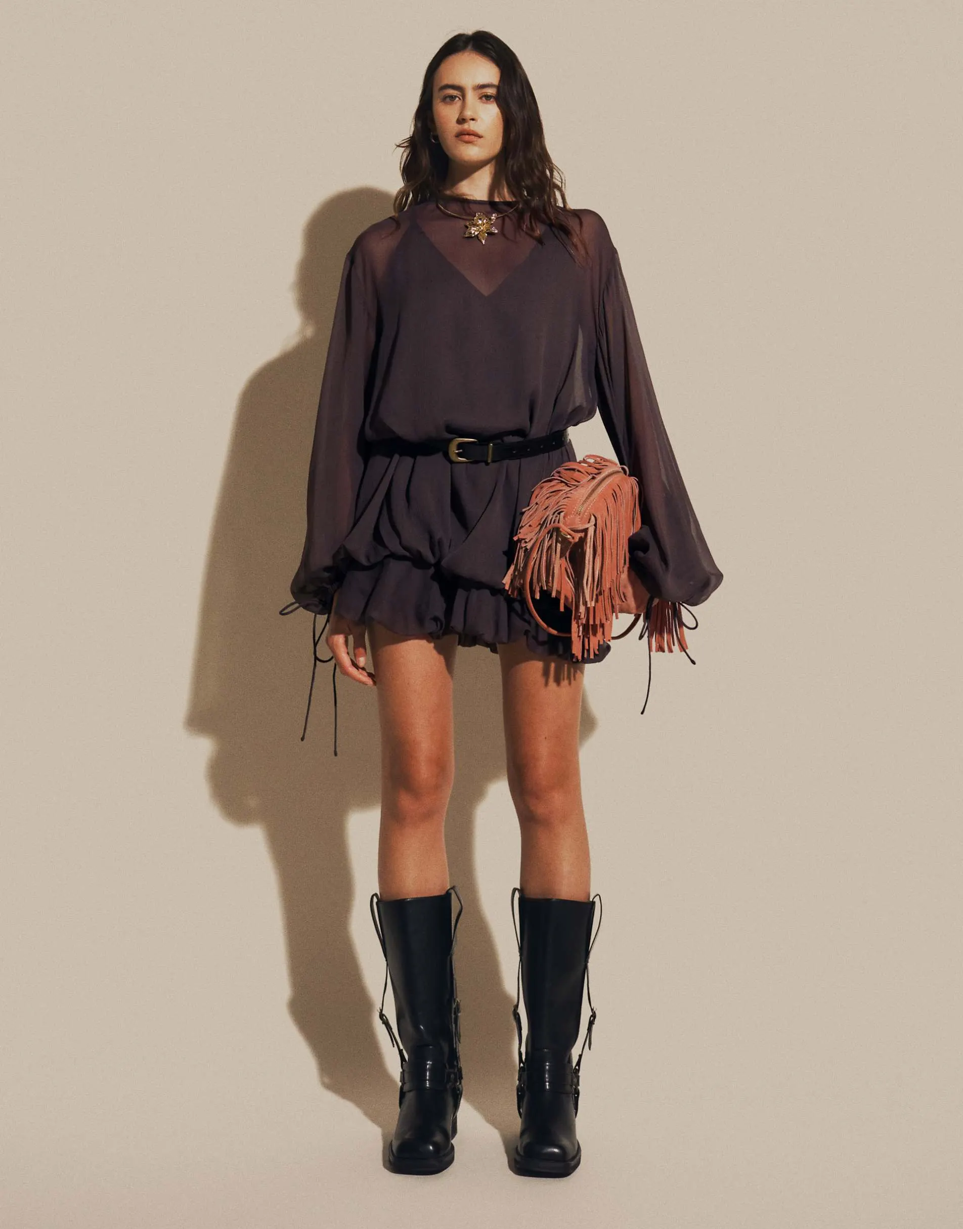 ASOS DESIGN high neck chiffon mini dress with blouson waist in chocolate brown