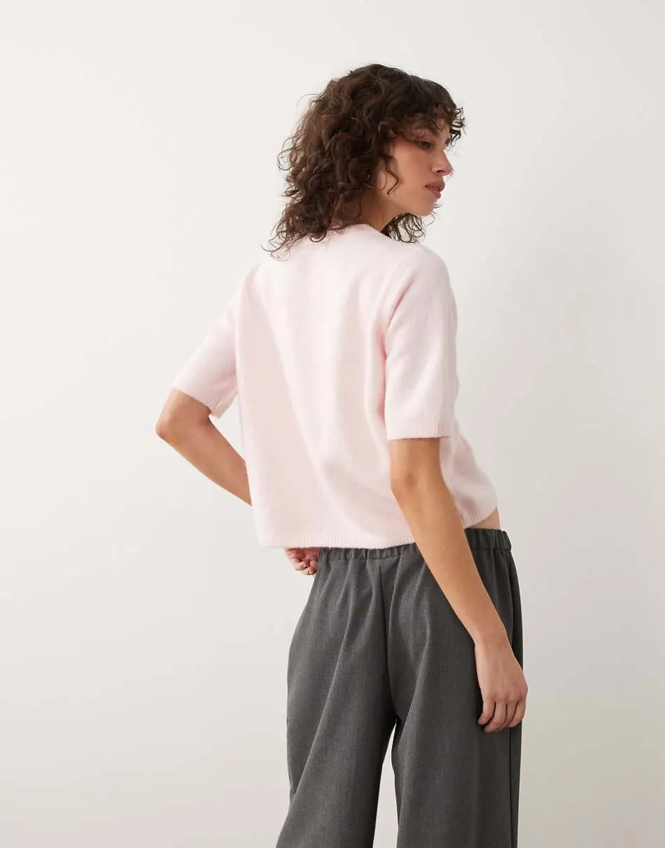 JDY short sleeve knitted cardigan with wool in light pink