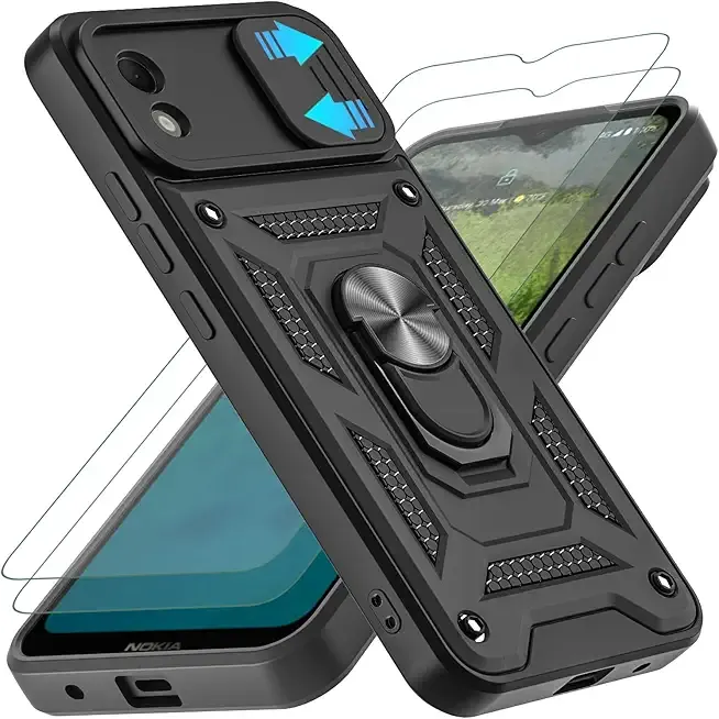 for Nokia C110 Case with Slide Camera Cover and 2pcs HD Screen Protector, 360° Rotation Ring Kickstand [Military Grade] Case for Nokia C110 (Black)
