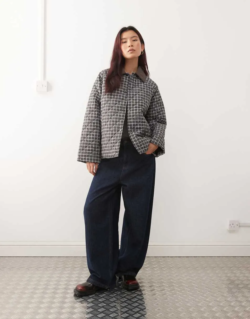 Noisy May quilted check jacket in brown