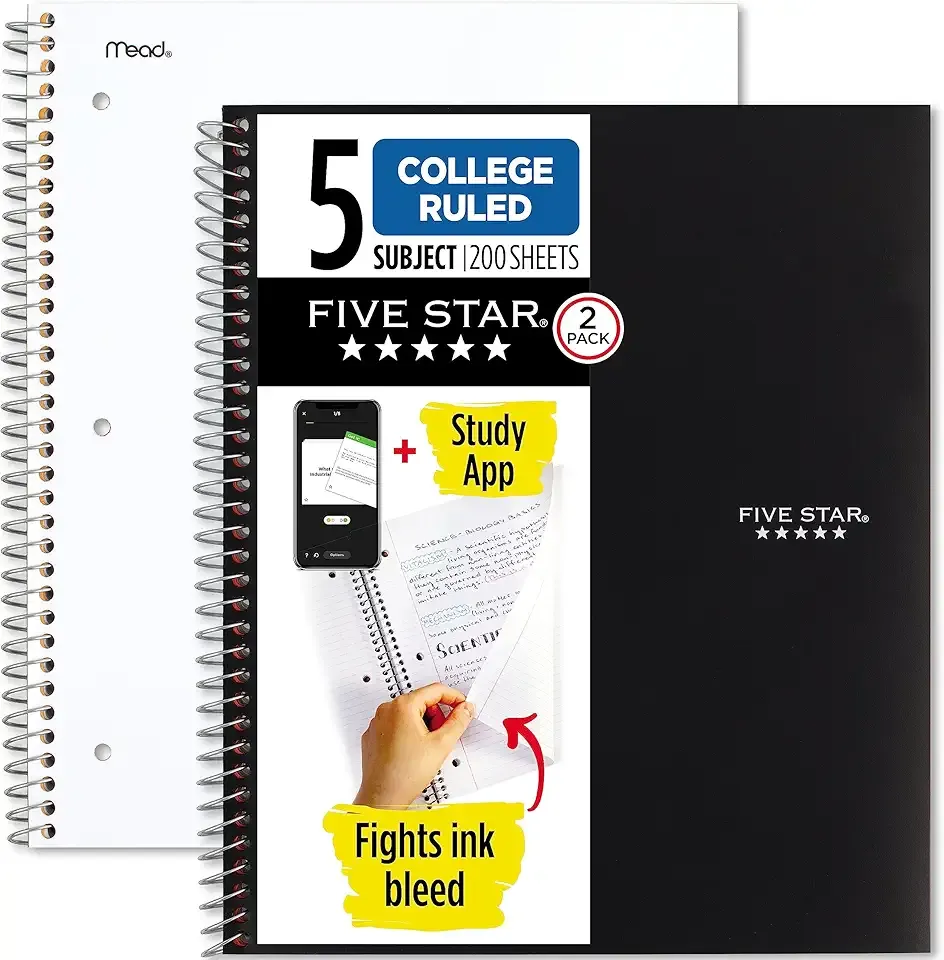 Five Star Spiral Notebooks Plus Study App, 2 Pack, 5 Subject, College Ruled Paper, 11" x 8-1/2", 200 Sheets, Black & White (73035)