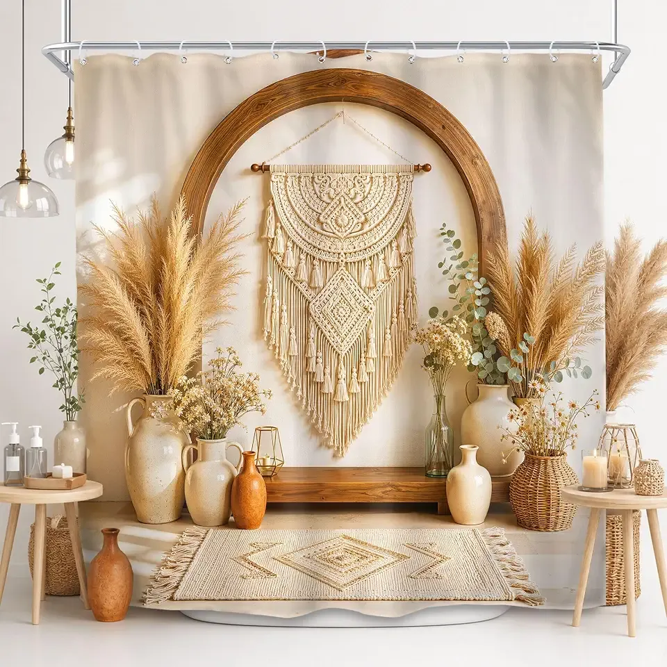 Boho Shower Curtain 72x72 Bohemian Style Pampas Grass Beige Bathroom Decor | 2D Floral Vases Daisy Eucalyptus waterproof HD printed shower curtain, quick-dry fabric with 12 hooks.