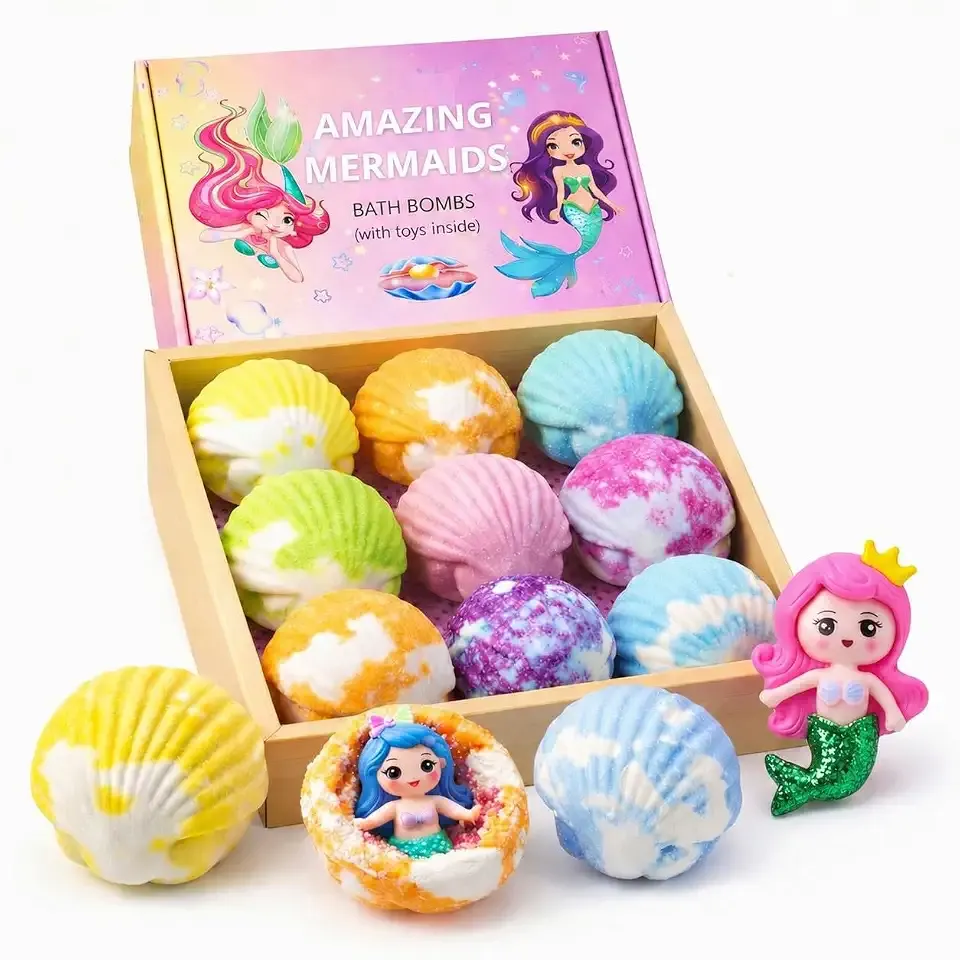 Bath Bombs for Kids with Surprise Inside, 9 Pack Mermaid Bath Bomb Gift Set for Girls, Natural Organic Bubble Bath with Shea Butter & Coconut Oil, Birthday Gift for Kids