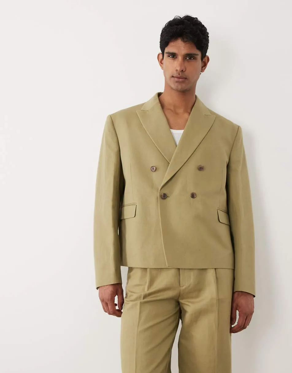 ASOS DESIGN double breasted boxy linen rich suit blazer in khaki