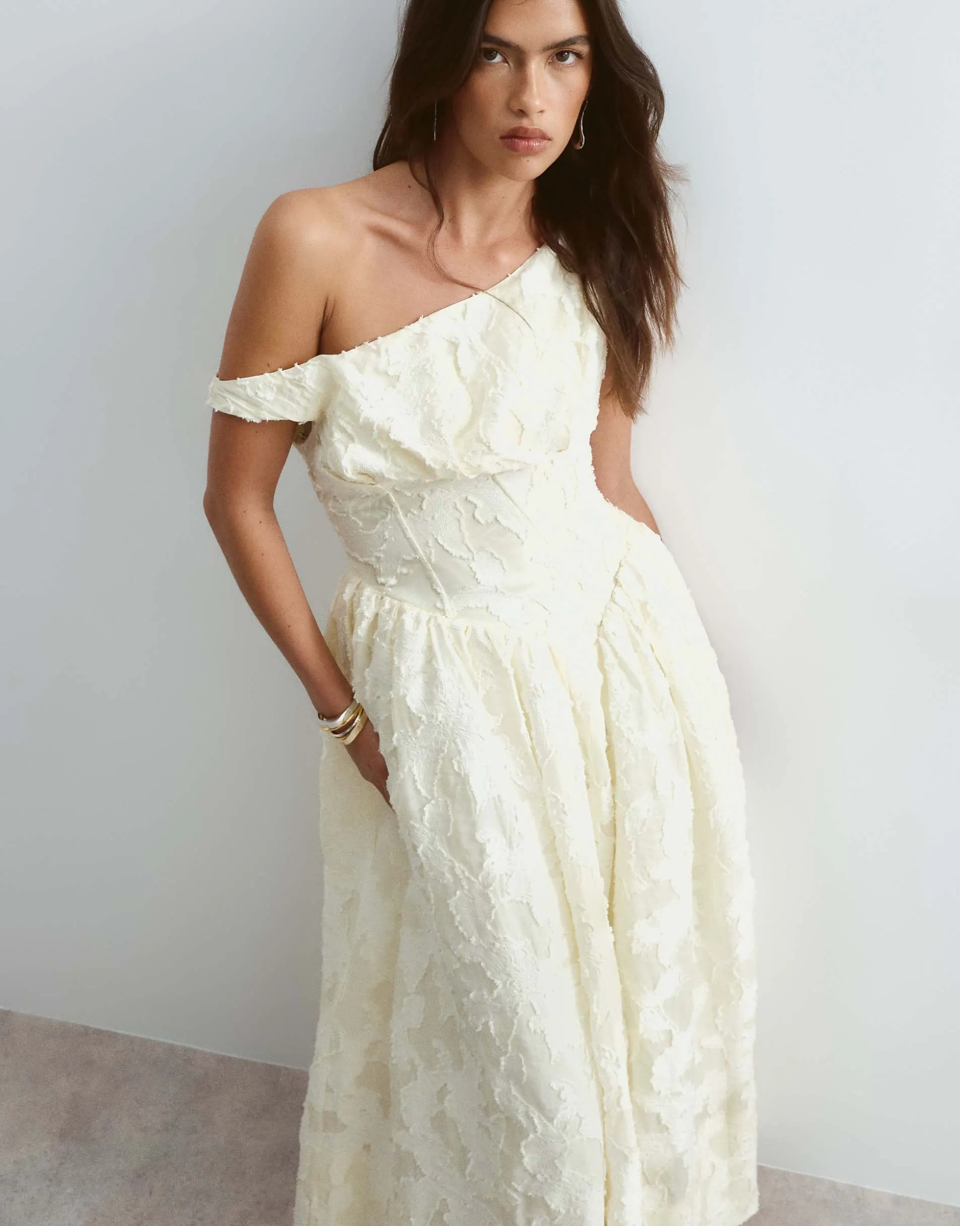 ARRANGE off shoulder corseted jacquard maxi dress in buttermilk