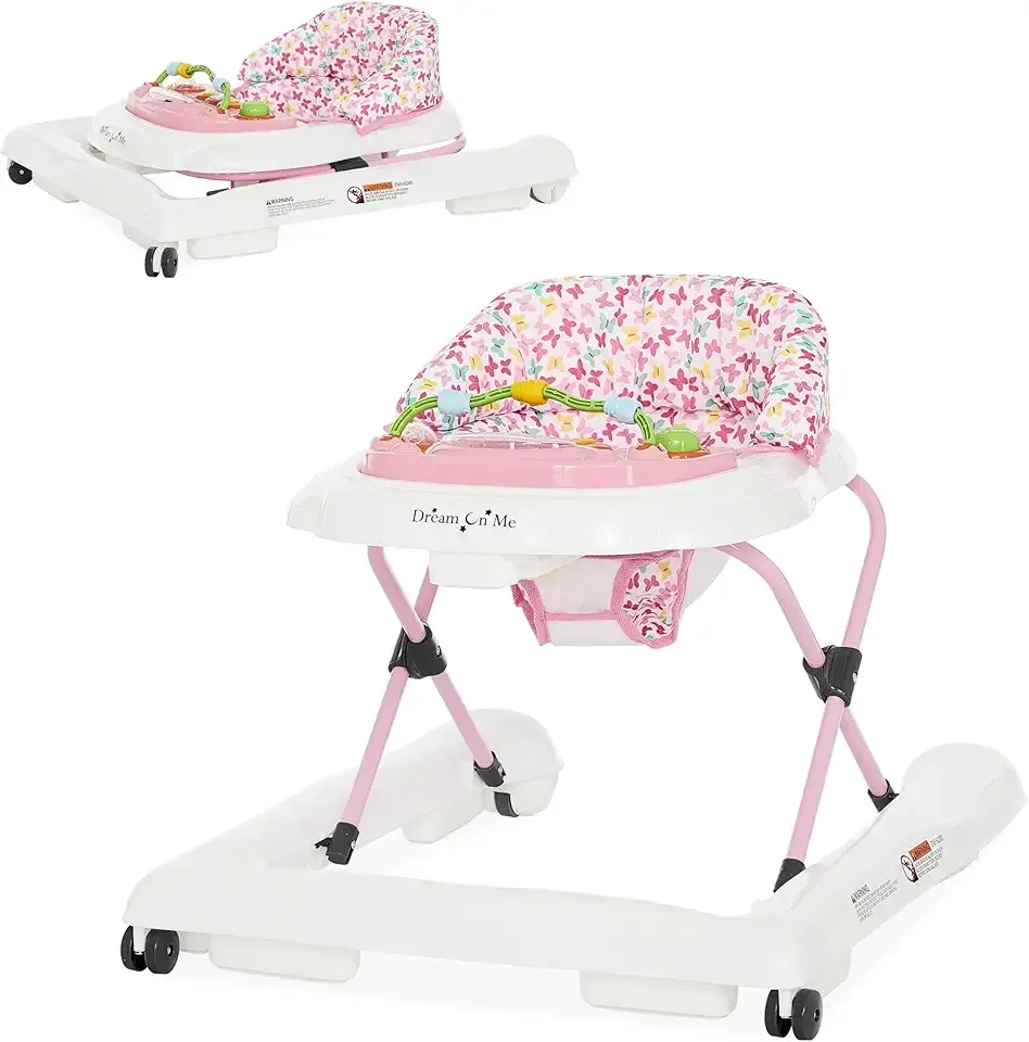 Dream On Me 2-in-1 Ava Baby Walker, Easy Convertible Baby Walker, Walk Behind, Height Adjustable Seat, Added Back Support, Detachable Slate, Spring Pink