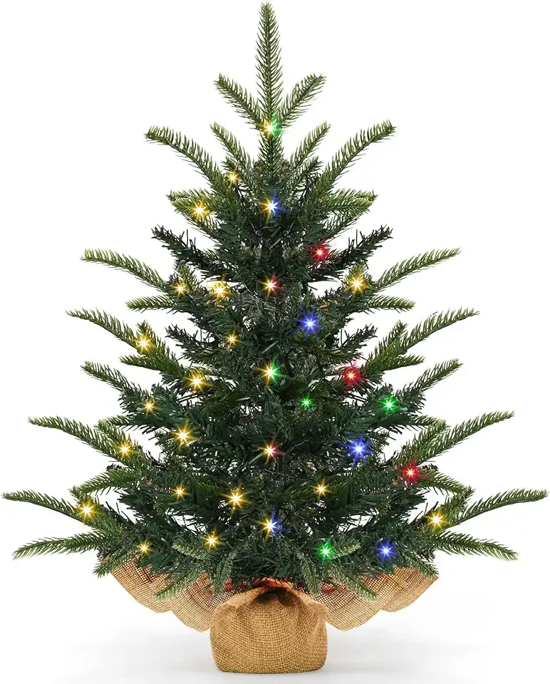[ 12 Modes & Timer] 24 Inch Realistic Tabletop Christmas Tree Small Christmas Tree with 50 Warm White & Colored Lights Battery PE&PVC Branches Burlap Base Indoor Home Table Christmas Decorations