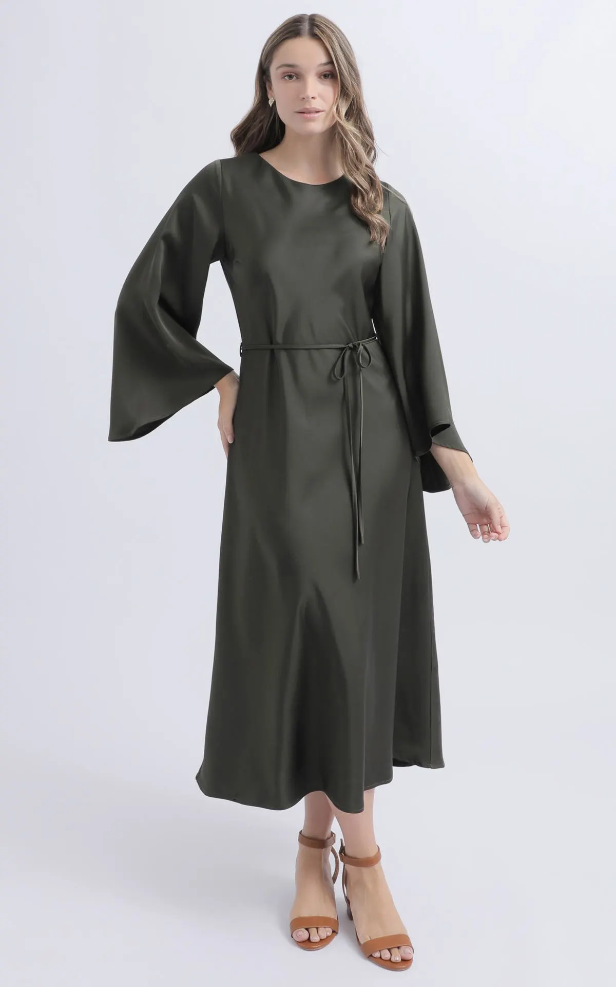 Satin Flared Sleeve Midi Dress