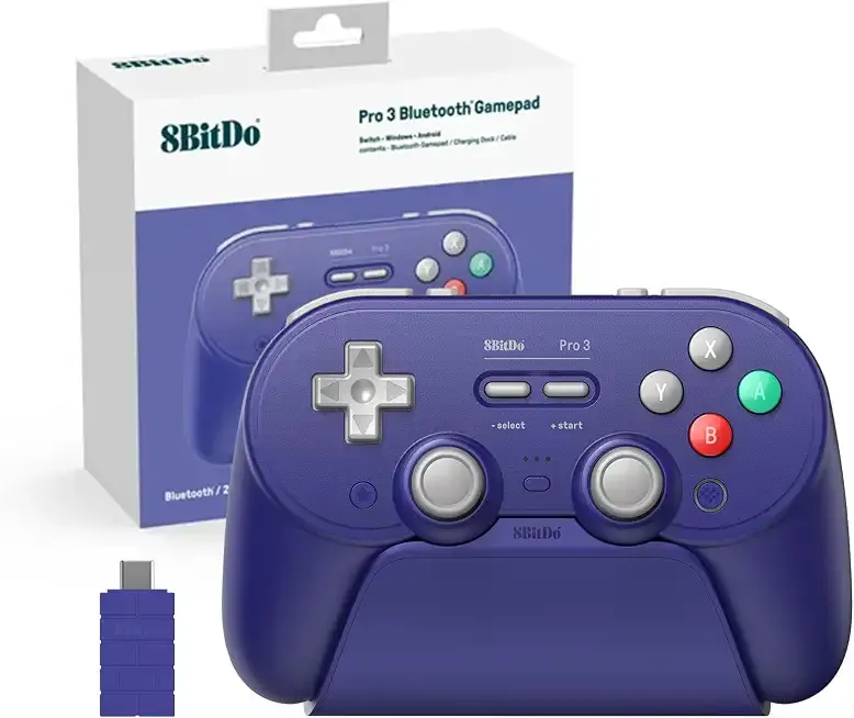 8BitDo Pro 3 Bluetooth Controller for Switch/Switch2,Windows, Apple, SteamOS, Android, TMR Joysticks, Swappable ABXY Buttons, programming Pro Back Buttons, Charging Dock, Hall Effect Triggers - Purple