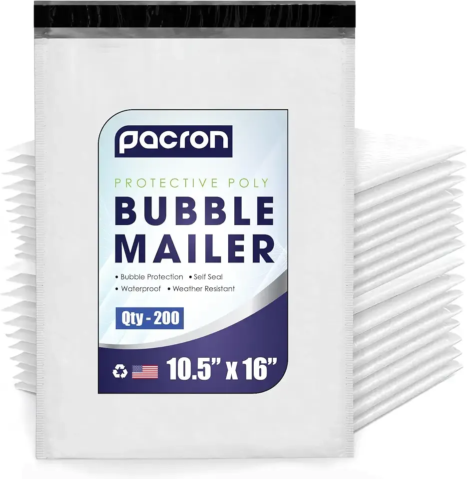 Waterproof Self-Seal Padded Poly Bubble Mailers 10.5x16, 200-Pack | Ideal for clothing, bulky goods & multiple items. Lightweight, tear-resistant, cushioned interior protects contents.