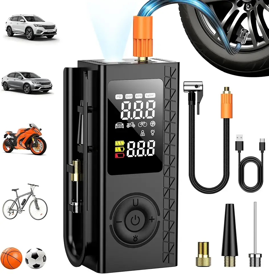 Tire Inflator Portable Air Compressor, 150PSI Cordless Air Pump For Car Tires, Bike Pump, Motorcycle, Balls with Digital Pressure Gauge, LED Light and Auto Shut-Off Function, Car Accessories, Black