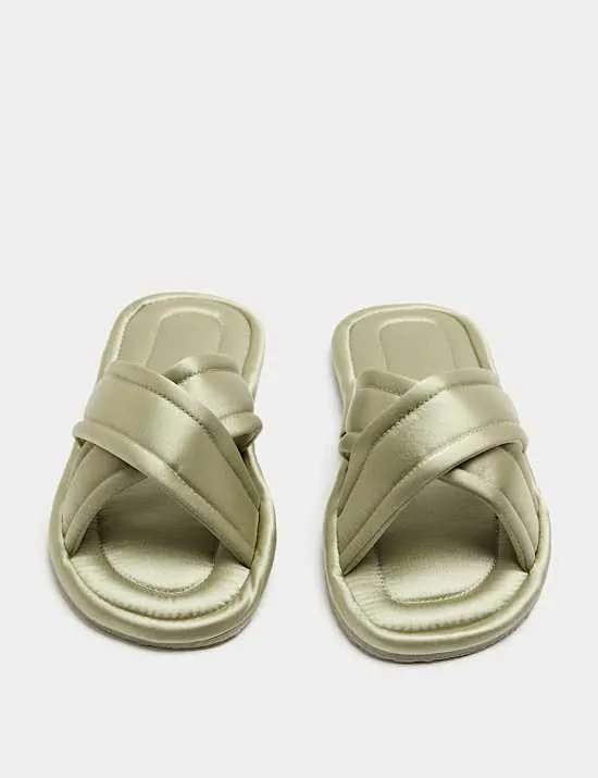 Satin Cross Strap Open Toe Mule Slippers