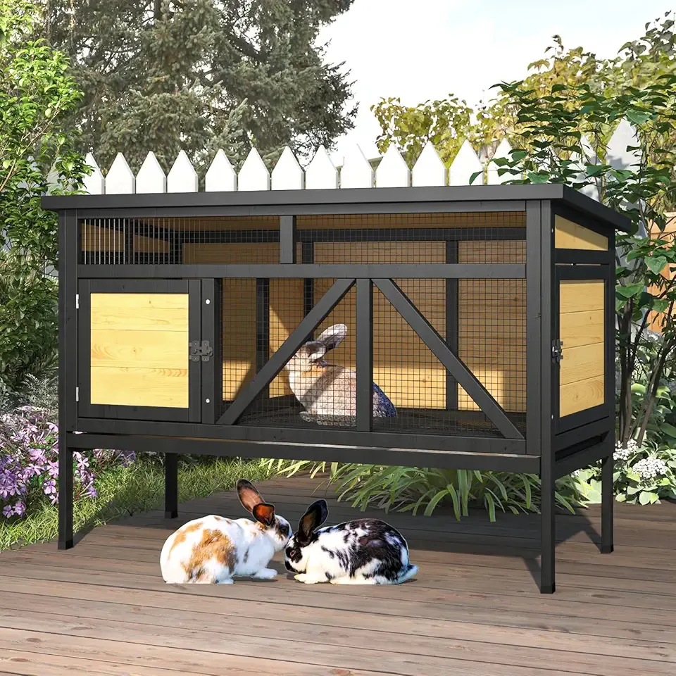 46.7" Elevated Rabbit Cage - Indoor & Outdoor Rabbit Hutch, Bunny Cage for Guinea Pig, Wooden Design with Removable Tray, Waterproof Asphalt Roof & Bottom Wire Mesh for Small-Medium Animals