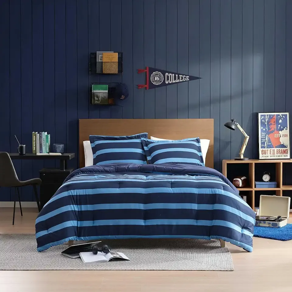 Nautica - King Comforter Set, Soft & Reversible Coastal Bedding with Matching Pillowcase, Nautical Striped Bed Set, Keelson Stripe/Solid Blue