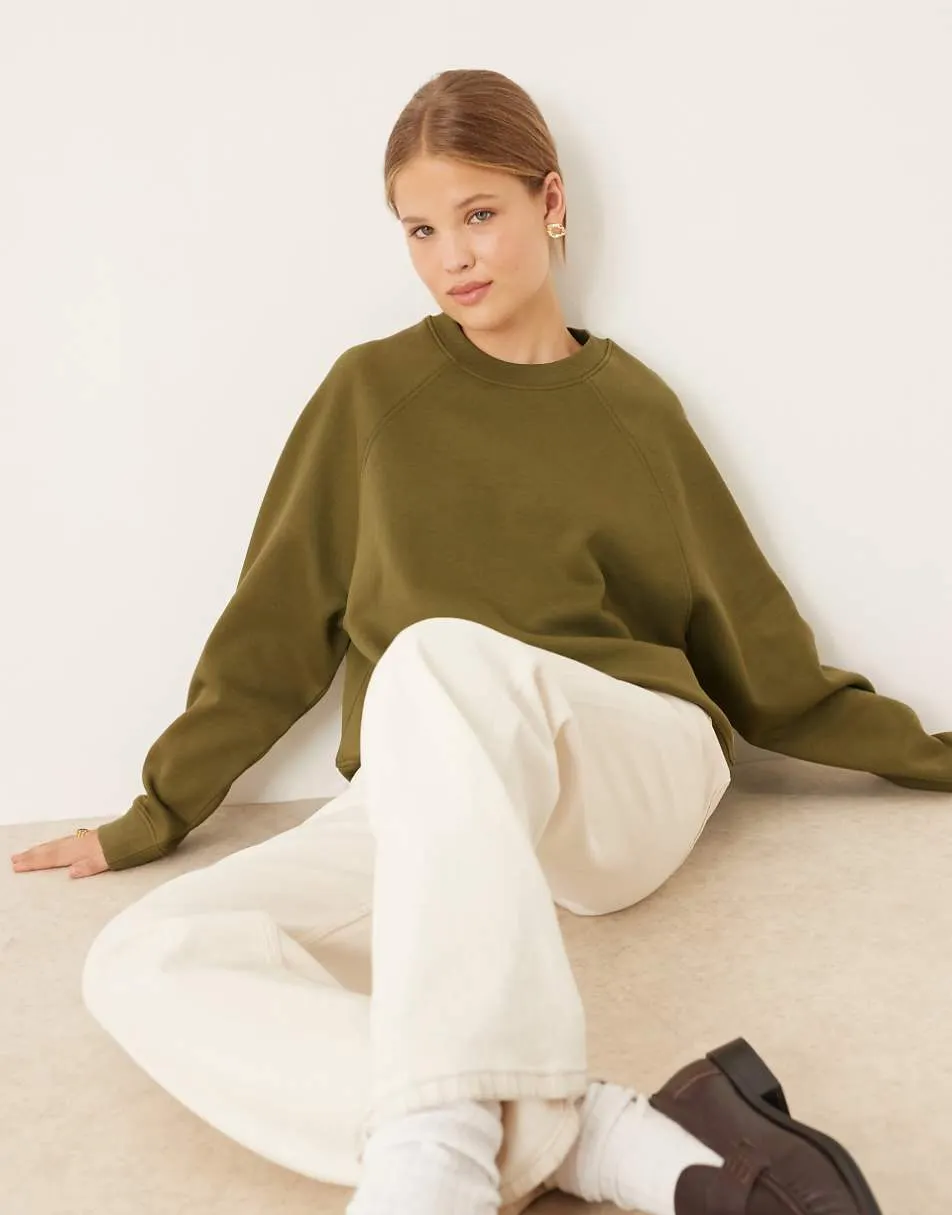 ASOS DESIGN oversized brushback sweatshirt with raglan detail in khaki