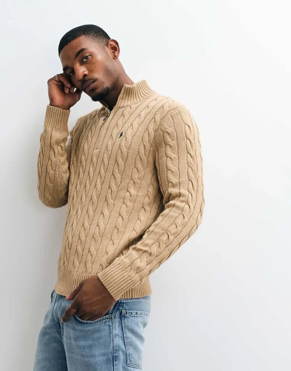 Polo Ralph Lauren icon logo cotton cable quarter zip sweatshirt in beige